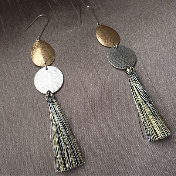 Tassel Metallic Silver Gold Tone Drop Earrings NWT - Picture 5 of 8
